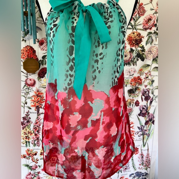 COPY - Apollo  tank size L. Green with red poppy print and a bow. Sheer. Floral - Picture 2 of 6